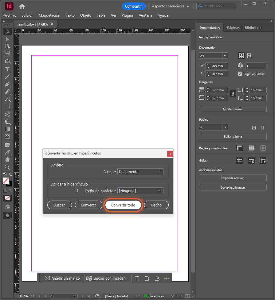 La ventana Convertir URL en hipervínculos de InDesign está abierta y el botón Convertir todo está re