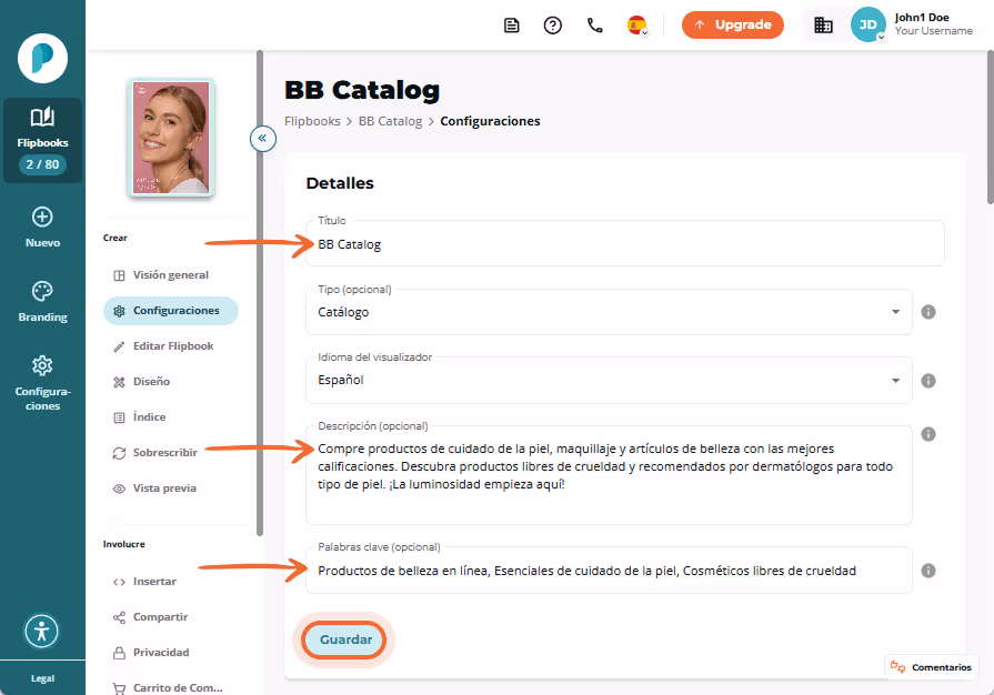 Panel de configuración que muestra el título “BB Catalog”, una descripción sobre productos de cuidad Panel de configuración que muestra el título “BB Catalog”, una descripción sobre productos de cuidad