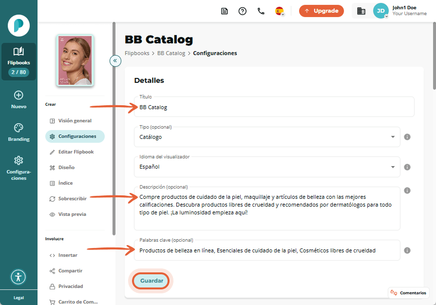 Panel de configuración que muestra el título “BB Catalog”, una descripción sobre productos de cuidad