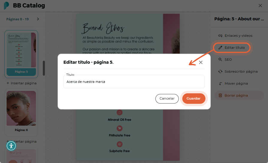 Opciones de página para SEO con campos de Descripción, Palabras clave y Texto visibles.