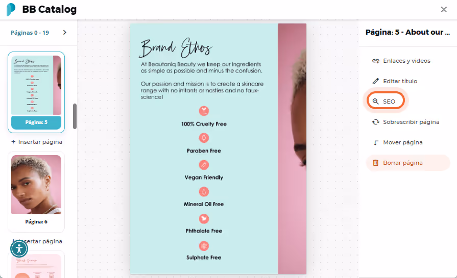 Sección que muestra el “Brand Ethos” con iconos de atributos del producto como libre de crueldad y v Sección que muestra el “Brand Ethos” con iconos de atributos del producto como libre de crueldad y v