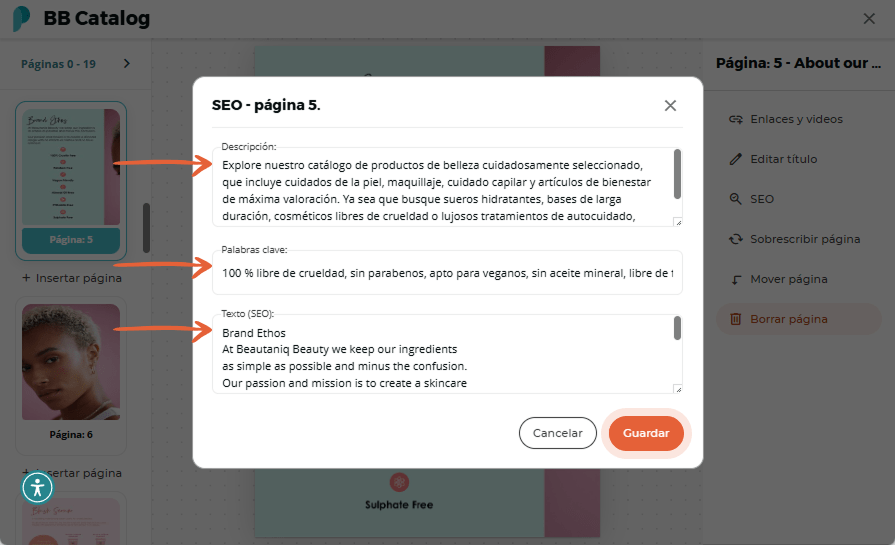 Ventana emergente de SEO ampliada con descripción larga y lista de palabras clave del flipbook.