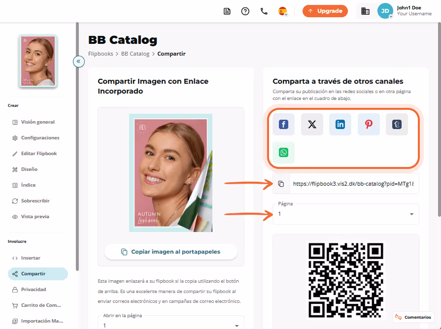 Opciones para compartir BB Catalog con botones de redes sociales, enlace y código QR. Opciones para compartir BB Catalog con botones de redes sociales, enlace y código QR.