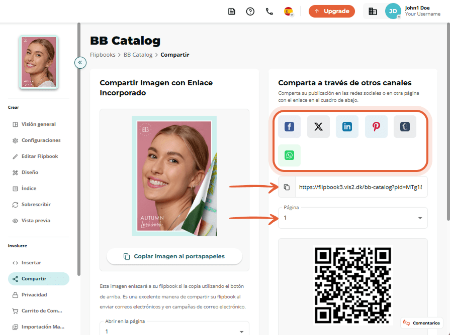 Opciones para compartir BB Catalog con botones de redes sociales, enlace y código QR.
