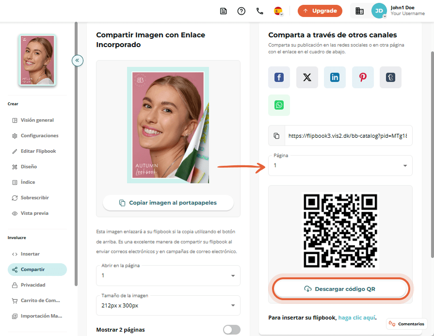 Interfaz de compartir con botón para descargar código QR y selección de página.