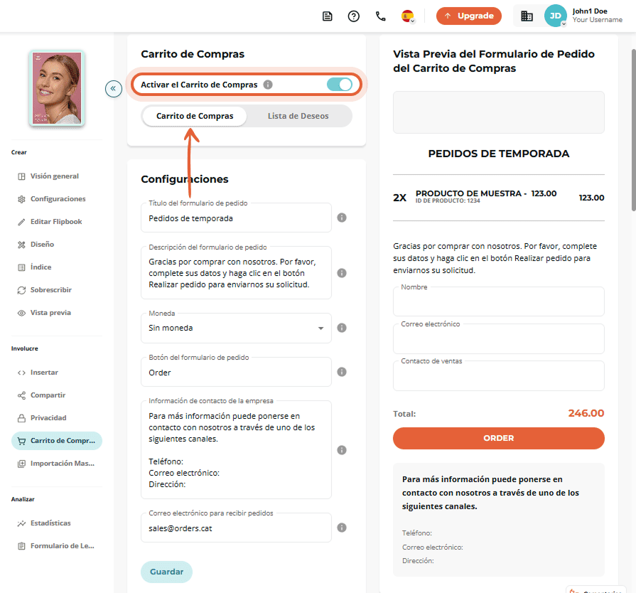 Página del carrito mostrando resumen del pedido y vista previa del formulario.
