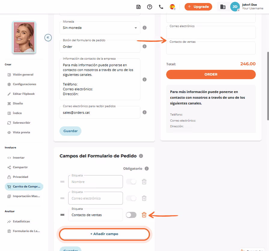 Formulario de pedido con campos editables y la sección Formulario de pedido con campos editables y la sección