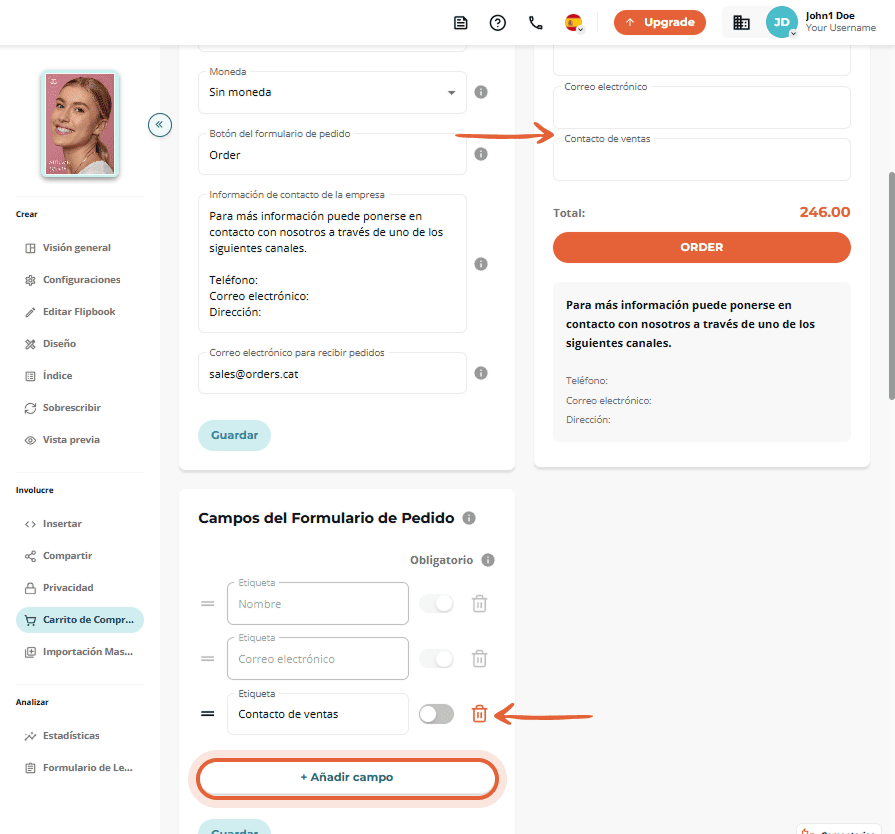 Formulario de pedido con campos editables y la sección 
