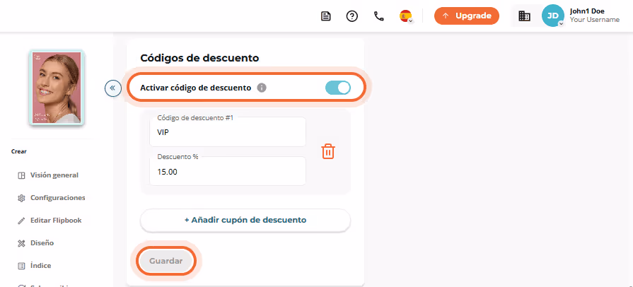 Interfaz de códigos de descuento con interruptor de activación y ejemplo de código VIP. Interfaz de códigos de descuento con interruptor de activación y ejemplo de código VIP.