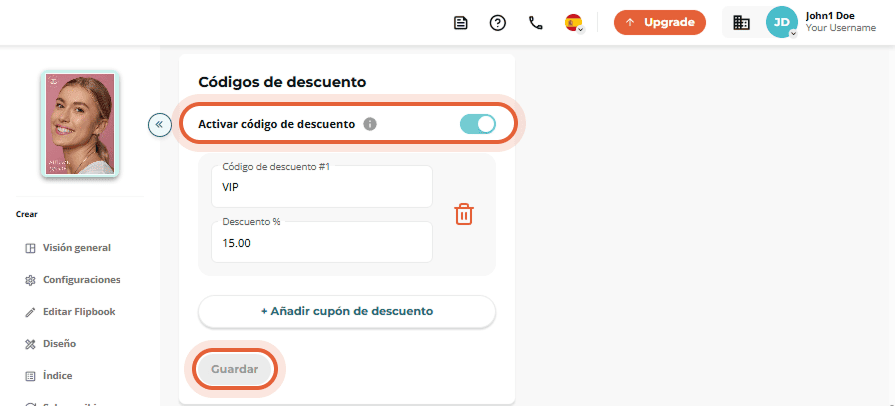 Interfaz de códigos de descuento con interruptor de activación y ejemplo de código VIP.