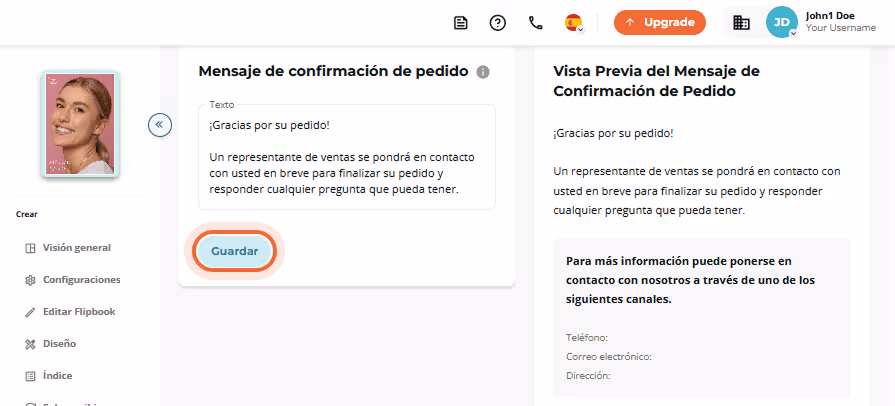 Campo de mensaje de confirmación y vista previa con texto de agradecimiento. Campo de mensaje de confirmación y vista previa con texto de agradecimiento.