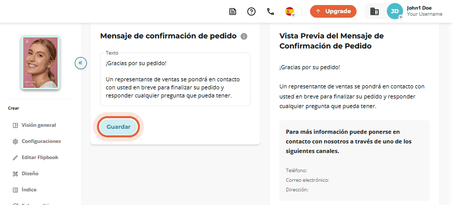 Campo de mensaje de confirmación y vista previa con texto de agradecimiento.