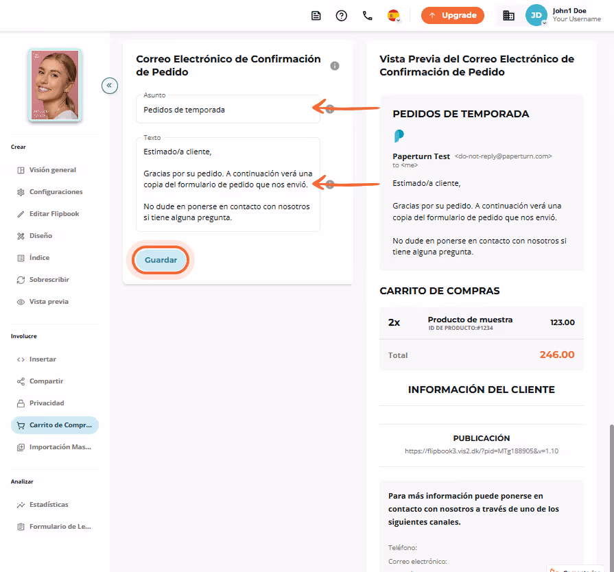 Editor de correo de confirmación con campos de asunto y texto, y vista previa a la derecha. Editor de correo de confirmación con campos de asunto y texto, y vista previa a la derecha.