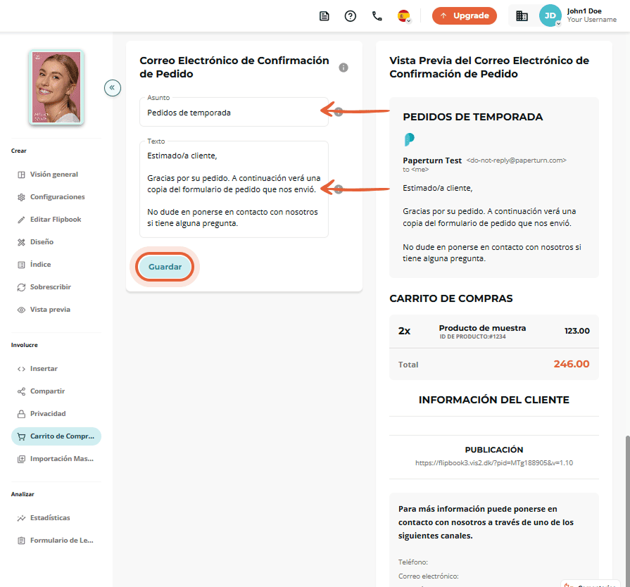 Editor de correo de confirmación con campos de asunto y texto, y vista previa a la derecha.