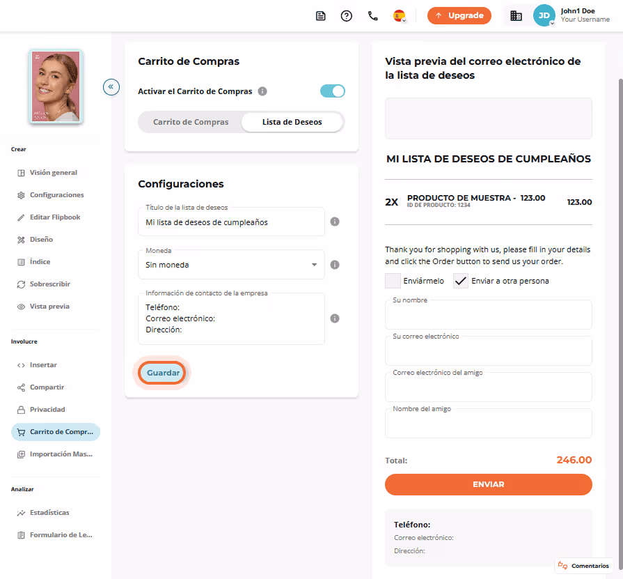 Pantalla de lista de deseos con campo de título, moneda e información de contacto de la empresa. Pantalla de lista de deseos con campo de título, moneda e información de contacto de la empresa.