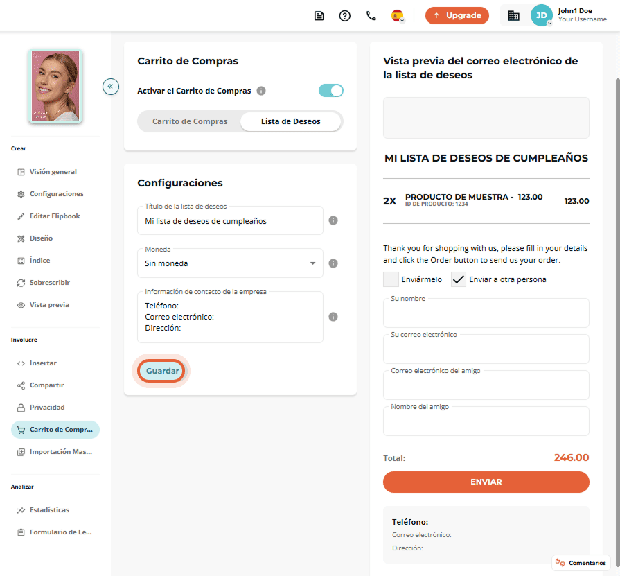 Pantalla de lista de deseos con campo de título, moneda e información de contacto de la empresa.