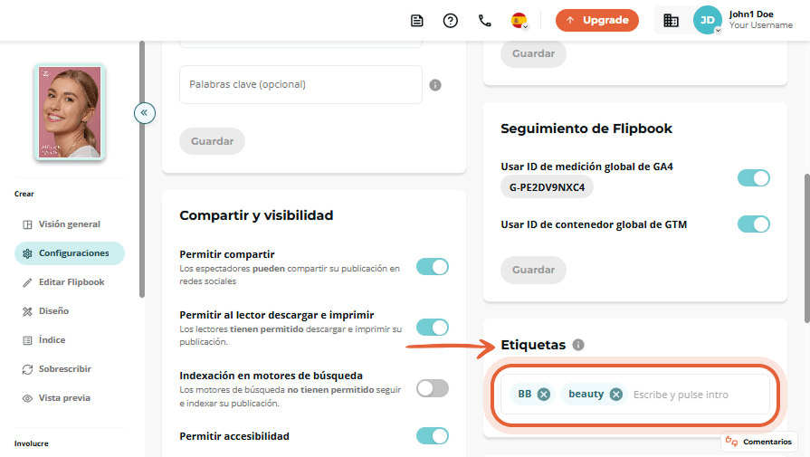 Configurações de compartilhamento e visibilidade expandidas, com alternância do Newsflash ativada e 