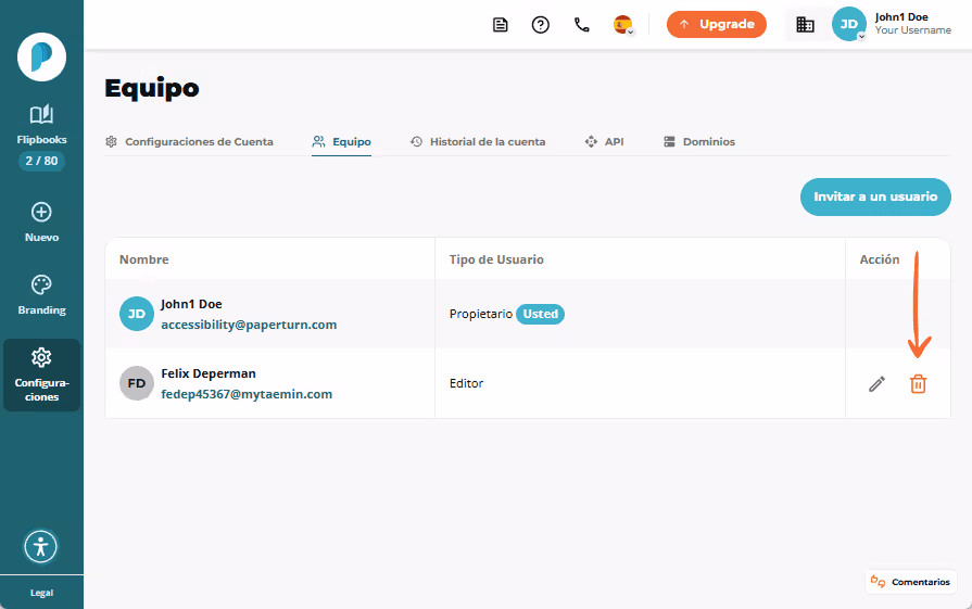 Lista del equipo mostrando que el usuario invitado ha sido aceptado como Editor, con opciones para e