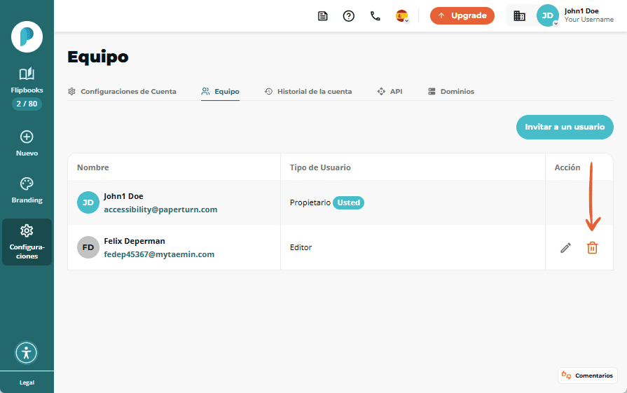 Lista del equipo mostrando que el usuario invitado ha sido aceptado como Editor, con opciones para e