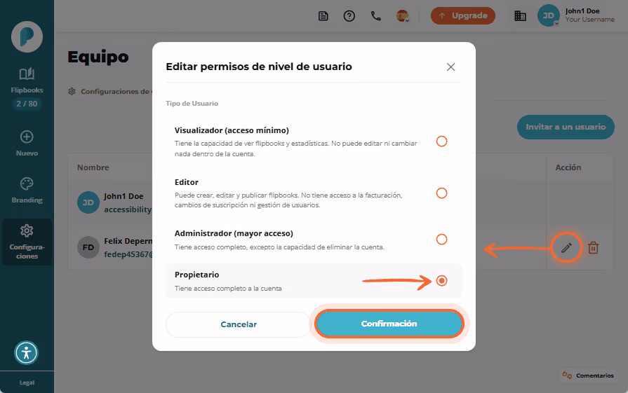 Ventana modal para editar permisos de usuario, con 