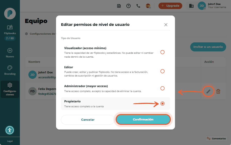 Ventana modal para editar permisos de usuario, con 