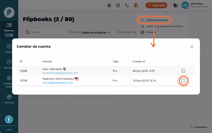 Diálogo para cambiar de cuenta que muestra varias cuentas con casilla de selección.