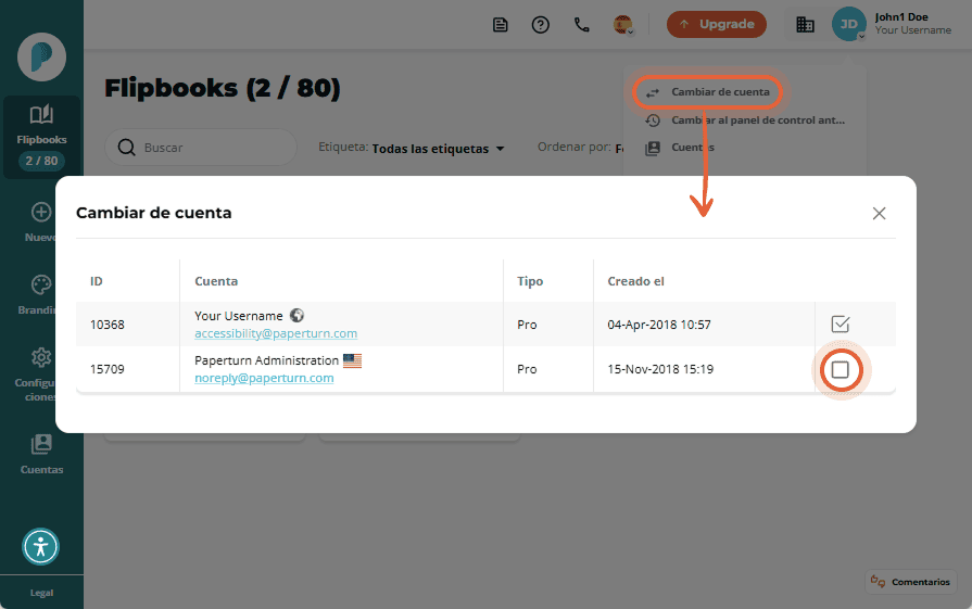 Diálogo para cambiar de cuenta que muestra varias cuentas con casilla de selección.