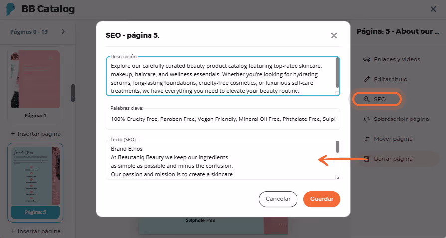 Panel de SEO con campos de descripción, palabras clave y texto SEO para la página 5 de un catálogo B Panel de SEO con campos de descripción, palabras clave y texto SEO para la página 5 de un catálogo B