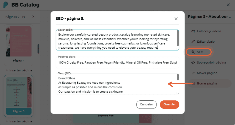Panel de SEO con campos de descripción, palabras clave y texto SEO para la página 5 de un catálogo B