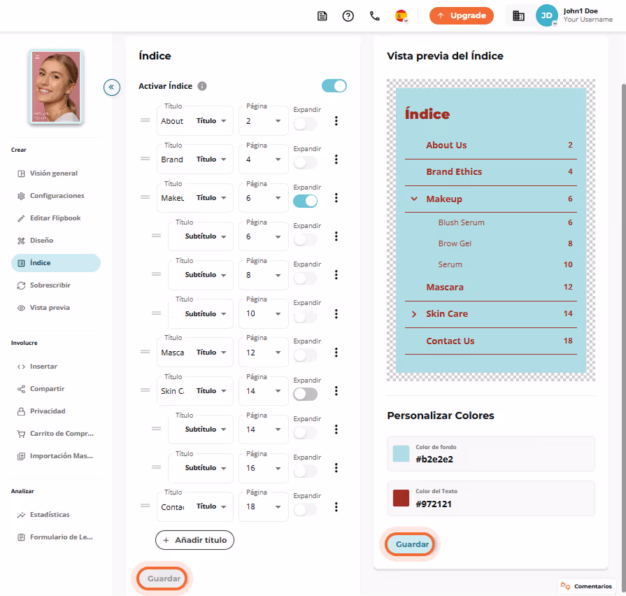 Vista previa del diseño activo de la tabla de contenido con títulos estilizados, colores e indentaci Vista previa del diseño activo de la tabla de contenido con títulos estilizados, colores e indentaci