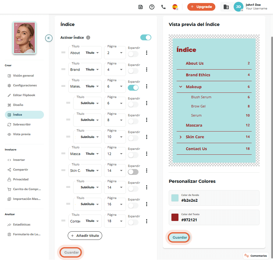 Vista previa del diseño activo de la tabla de contenido con títulos estilizados, colores e indentaci