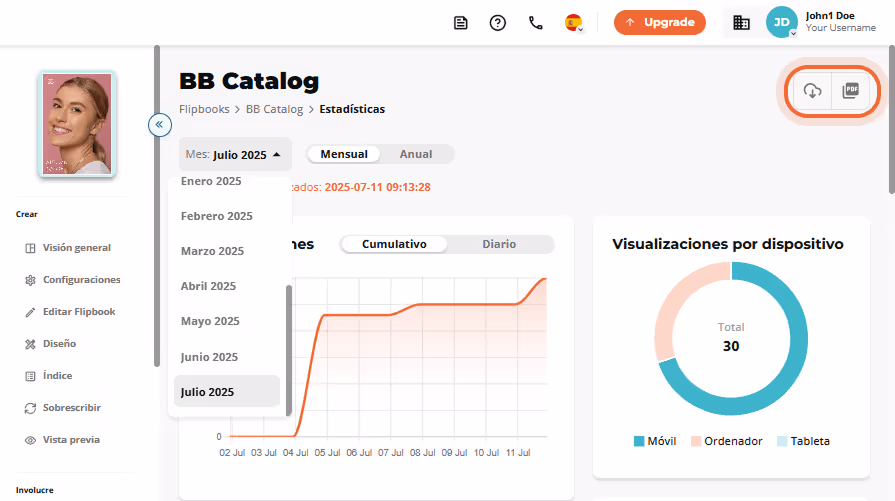 Opción para descargar o actualizar estadísticas del flipbook en la esquina superior derecha.