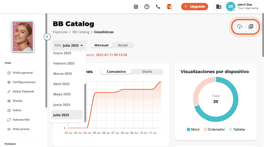 Opción para descargar o actualizar estadísticas del flipbook en la esquina superior derecha.