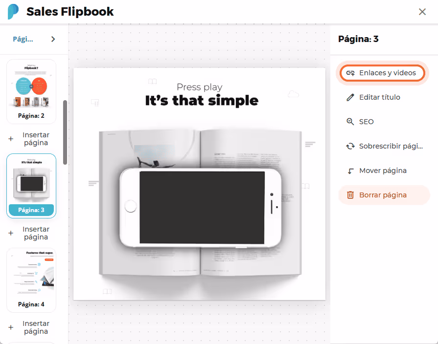 Menú de enlaces y vídeos abierto con la página 3 de un flipbook mostrada y un iPhone sobre un libro 