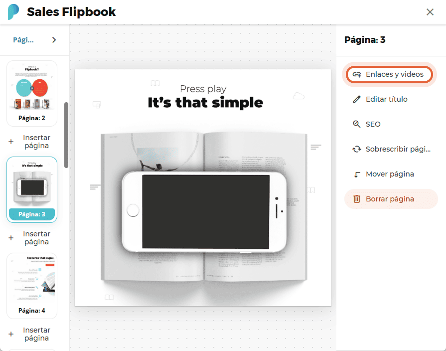 Menú de enlaces y vídeos abierto con la página 3 de un flipbook mostrada y un iPhone sobre un libro 