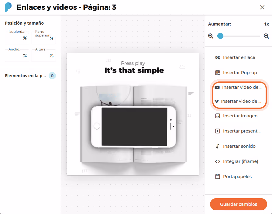 Menú Insertar vídeo con las opciones Insertar YouTube e Insertar Vimeo resaltadas a la derecha.