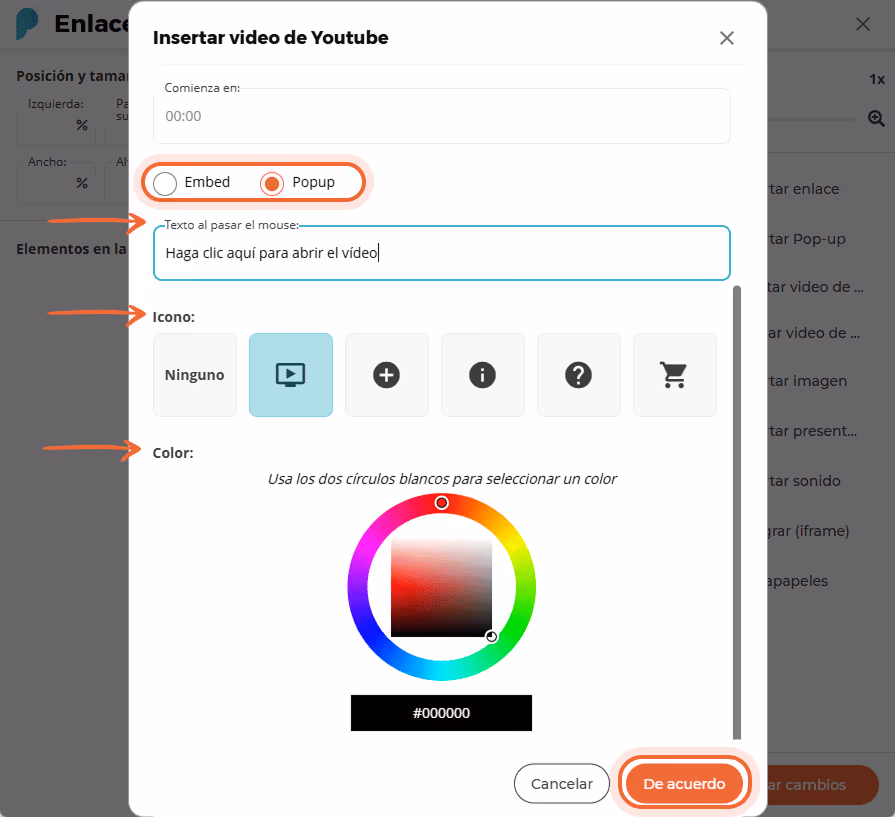 Ajustes de apariencia del vídeo de YouTube con ventana emergente seleccionada, texto personalizado, 