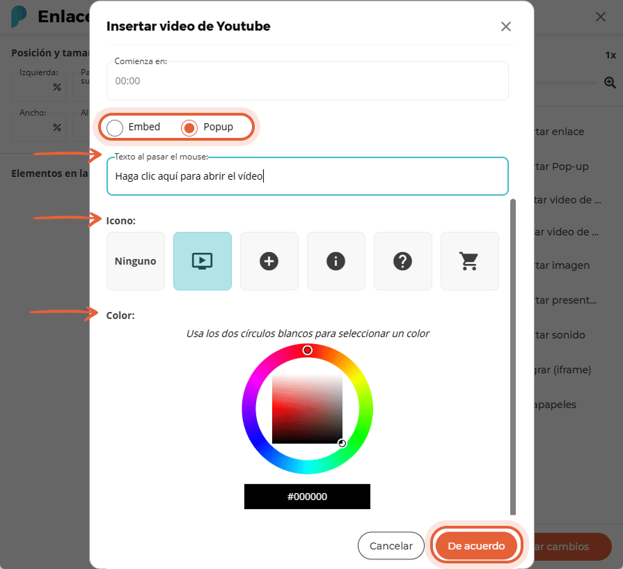 Ajustes de apariencia del vídeo de YouTube con ventana emergente seleccionada, texto personalizado, 