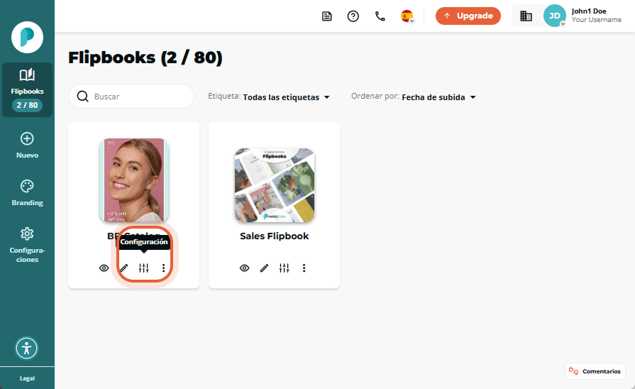 Panel de Flipbooks con el icono de ajustes tipo deslizador resaltado bajo la miniatura “BB Catalog”.