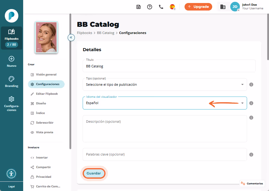 Página de configuración de BB Catalog mostrando la flecha desplegable “Flipbook viewer language” y e