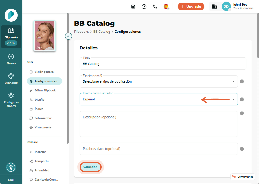 Página de configuración de BB Catalog mostrando la flecha desplegable “Flipbook viewer language” y e