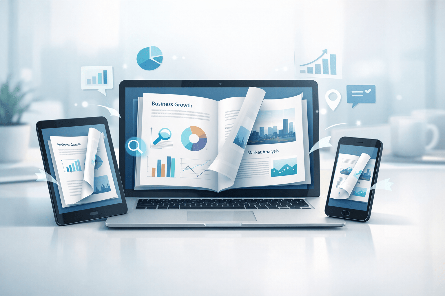 Illustration of an interactive business flipbook on a laptop, tablet, and smartphone in a modern workspace, with page-turn motion, analytics icons, and hotspot cues in cool blue and teal tones.