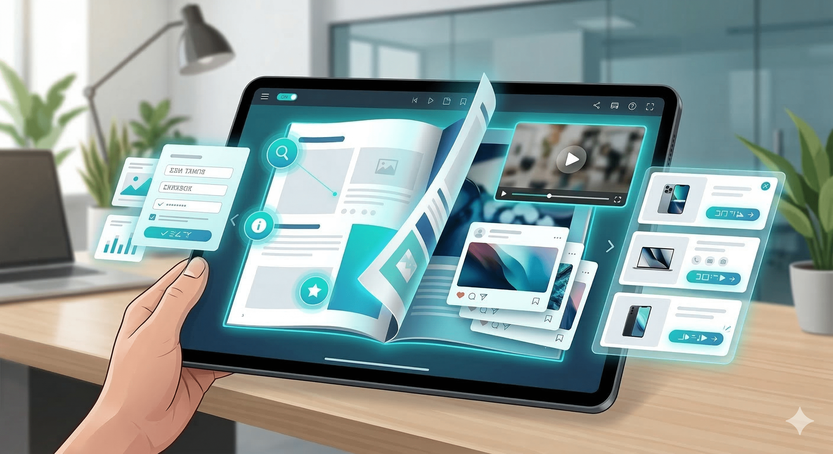 A hand holds a tablet displaying an interactive digital publication with various multimedia elements floating out from the screen.