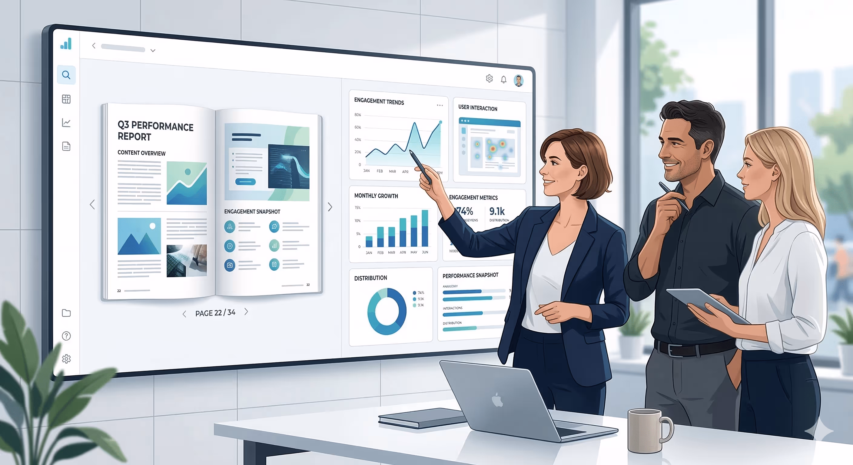 Business team reviewing a digital flipbook alongside a clean analytics dashboard with charts, heatmap visuals, and performance metrics in a modern blue-and-white interface.