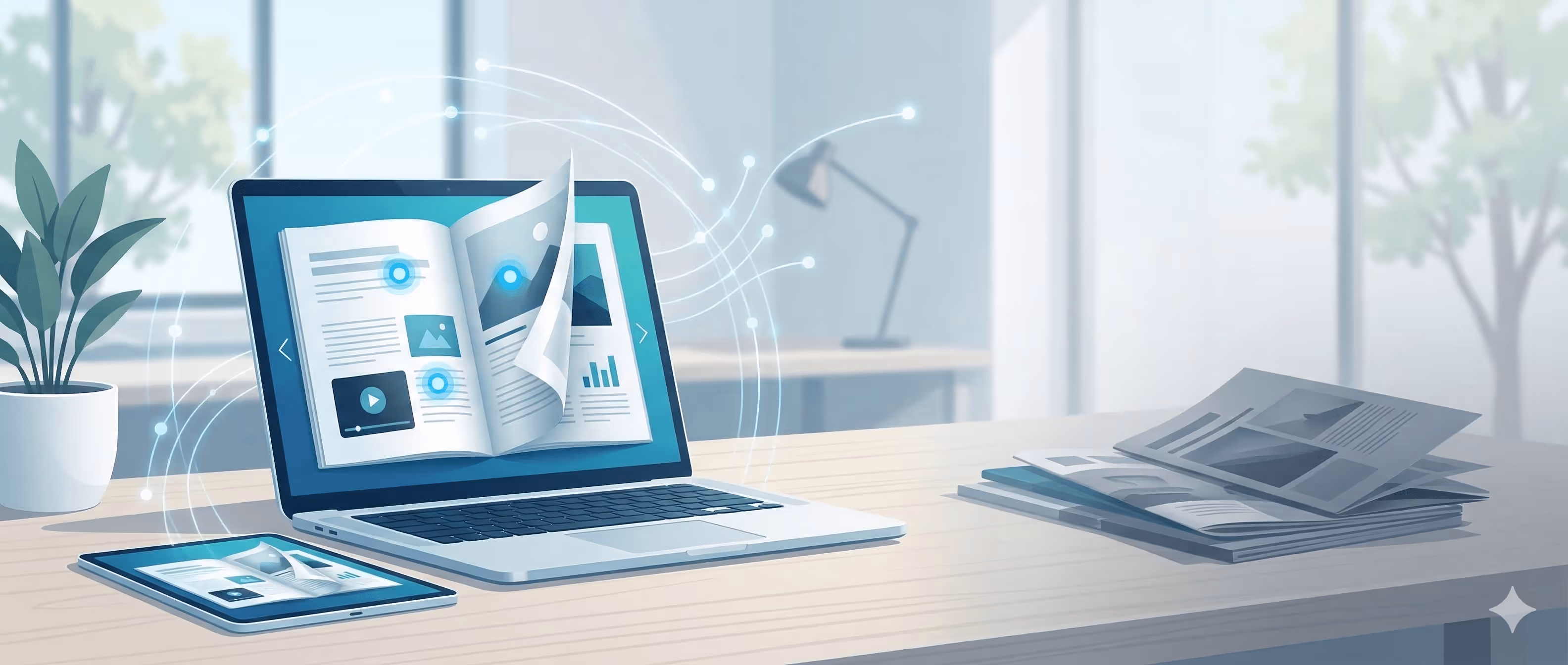 A sleek digital flipbook with interactive UI icons is displayed on a laptop and tablet in a bright, modern office, while a stack of traditional printed brochures fades in the background.