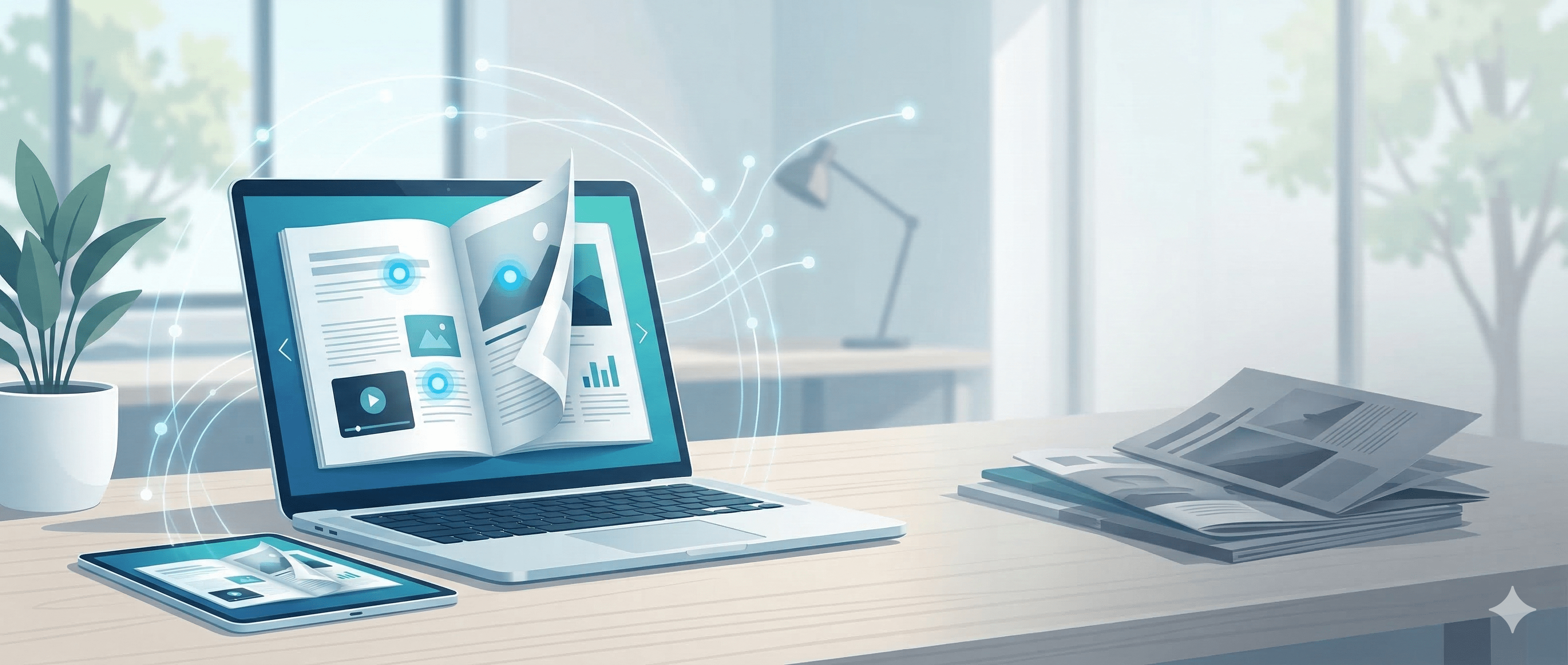 A sleek digital flipbook with interactive UI icons is displayed on a laptop and tablet in a bright, modern office, while a stack of traditional printed brochures fades in the background. A sleek digital flipbook with interactive UI icons is displayed on a laptop and tablet in a bright, modern office, while a stack of traditional printed brochures fades in the background.