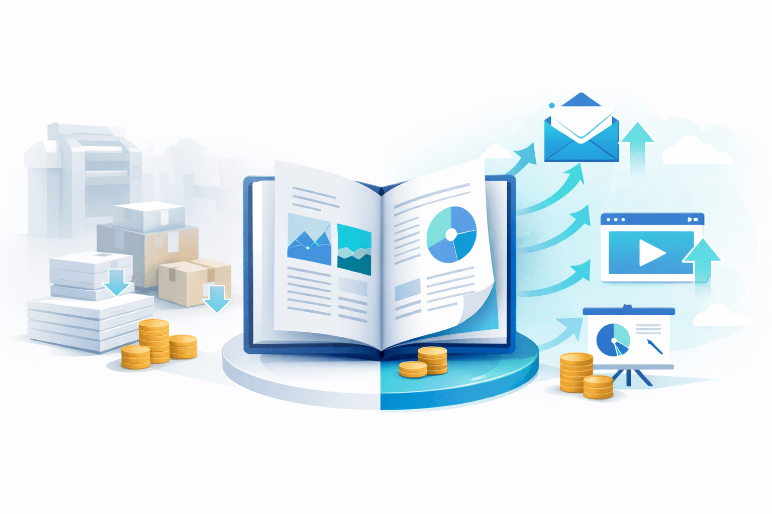 Digital flipbook illustration contrasting print costs on the left with rising digital distribution channels on the right. Digital flipbook illustration contrasting print costs on the left with rising digital distribution channels on the right.