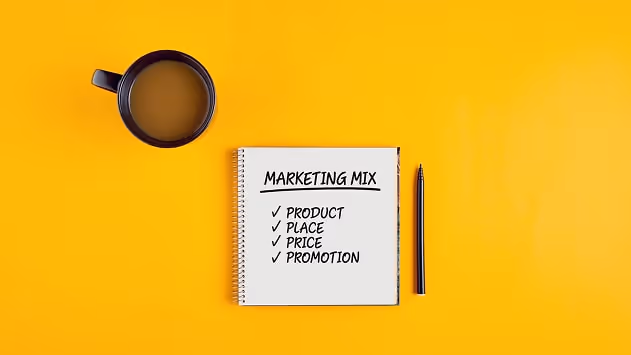 Notebook listing the four ps of marketing