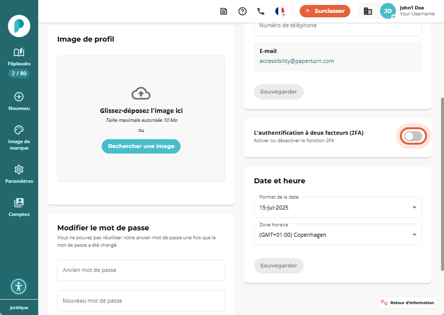 Panneau des paramètres personnels avec le bouton 2FA en position désactivée Panneau des paramètres personnels avec le bouton 2FA en position désactivée