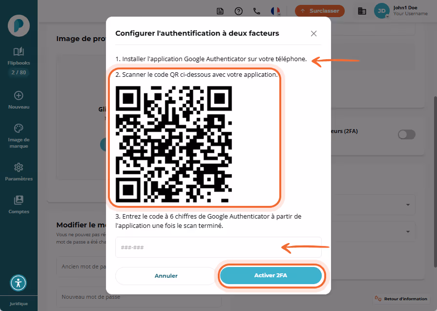 Fenêtre contextuelle avec QR code et instructions pour configurer l’authentification à deux facteurs Fenêtre contextuelle avec QR code et instructions pour configurer l’authentification à deux facteurs